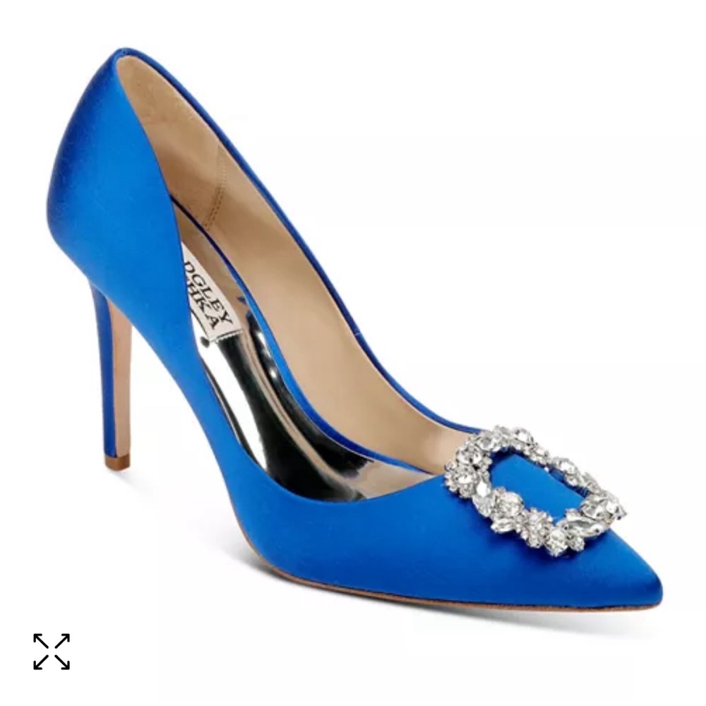 Badgley Mischka Womens Blue Satin Cher Crystal Buckle Pumps